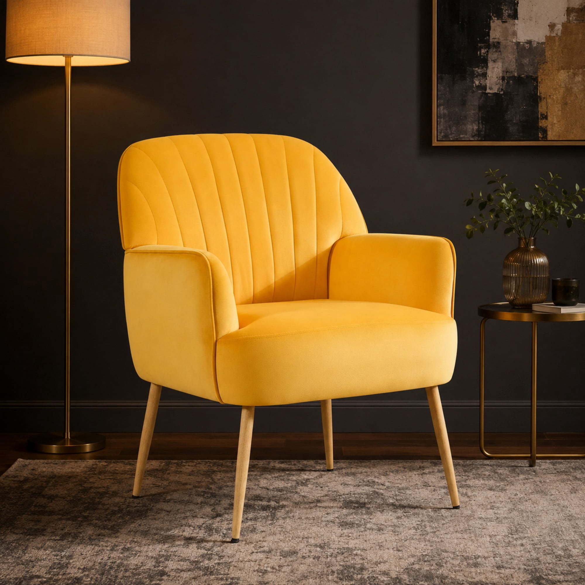 BSHTI 25" Velvet Upholstered Accent Chair with Shell-Shaped Tufted Backrest, Padded Armrests, Metal Legs for Living Room Bedroom()