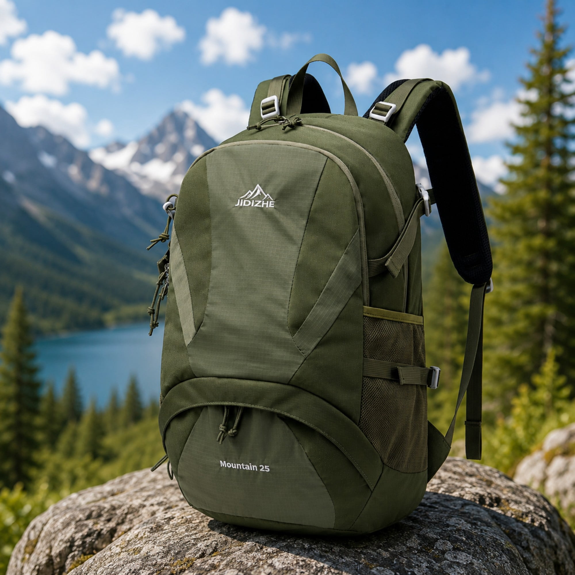 BSHTI 25L Polyester Nylon Hiking Backpack with Rain Cover, Breathable Back, Large Storage for Travel Camping（Green）