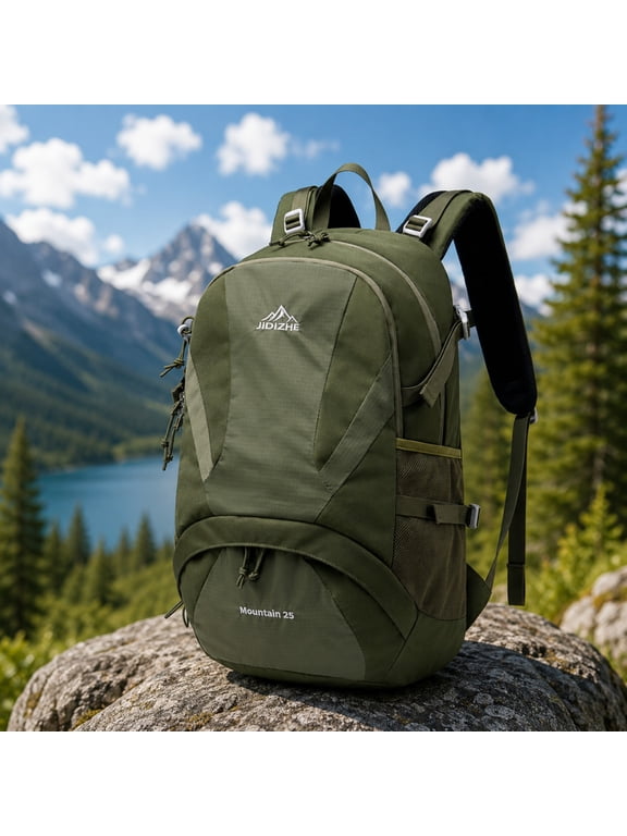 25L Polyester Nylon Hiking Backpack with Rain Cover, Breathable Back, Large Storage for Travel Camping(Green)
