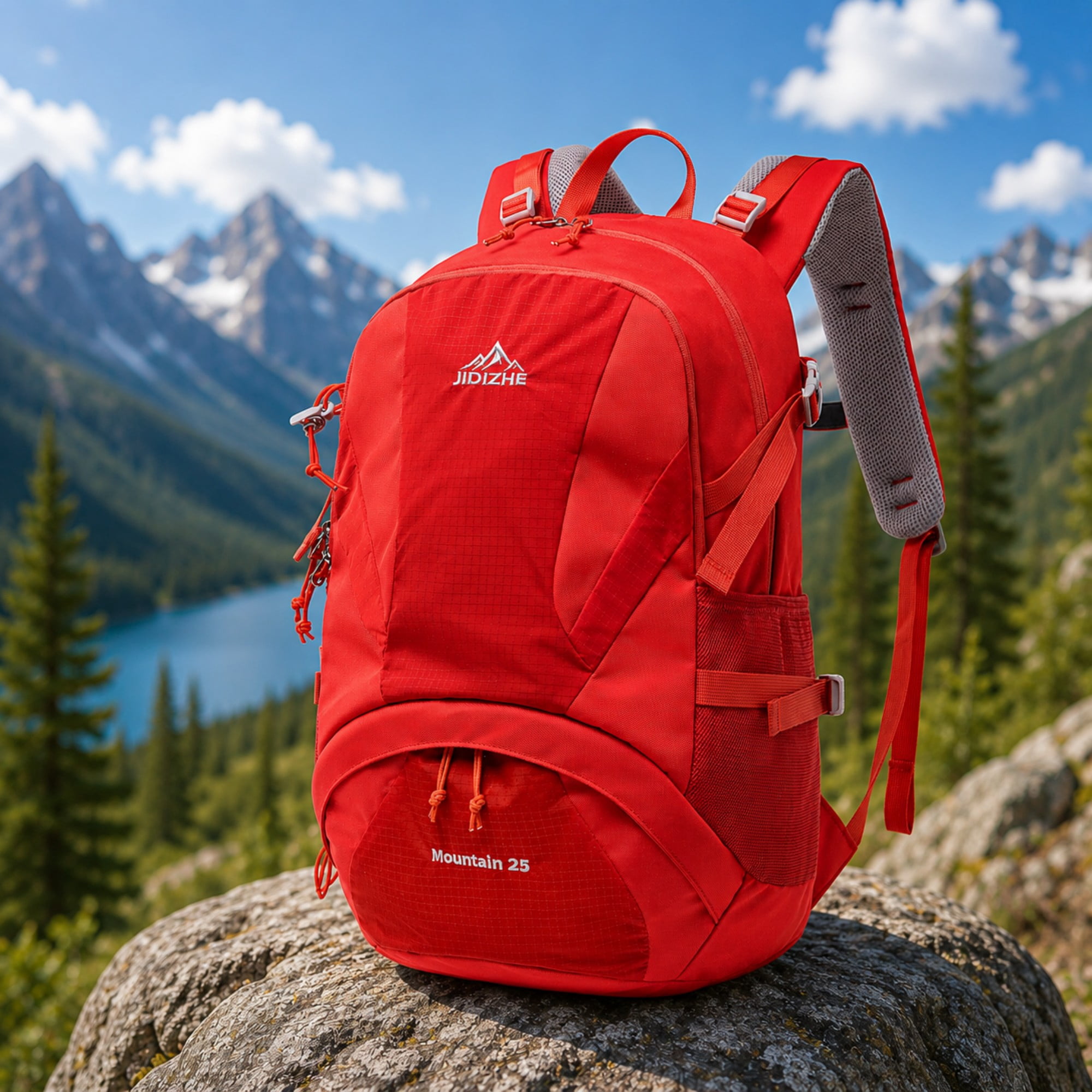 BSHTI 25L Polyester Nylon Hiking Backpack with Rain Cover, Breathable Back, Large Storage for Travel Camping（Red）