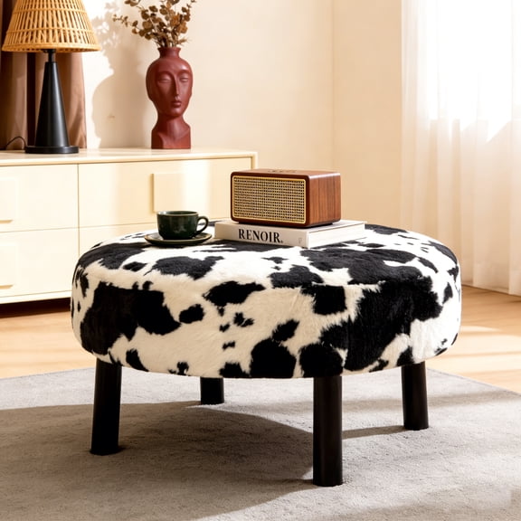 BSHTI 27.56 Inch Plush Round Ottoman with Faux Rabbit Fur, Sturdy Solid Wood Legs for Living Room, Accent Seat & Footrest(Cow Print)