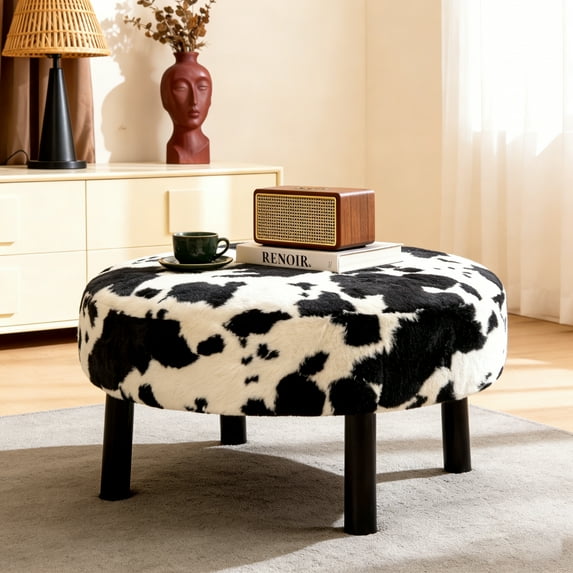 BSHTI 27.56 Inch Plush Round Ottoman with Faux Rabbit Fur, Sturdy Solid Wood Legs for Living Room, Accent Seat & Footrest(Cow Print)