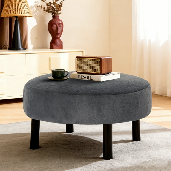BSHTI 27.56 Inch Plush Round Ottoman with Faux Rabbit Fur, Sturdy Solid Wood Legs for Living Room, Accent Seat & Footrest(Dark Gray)