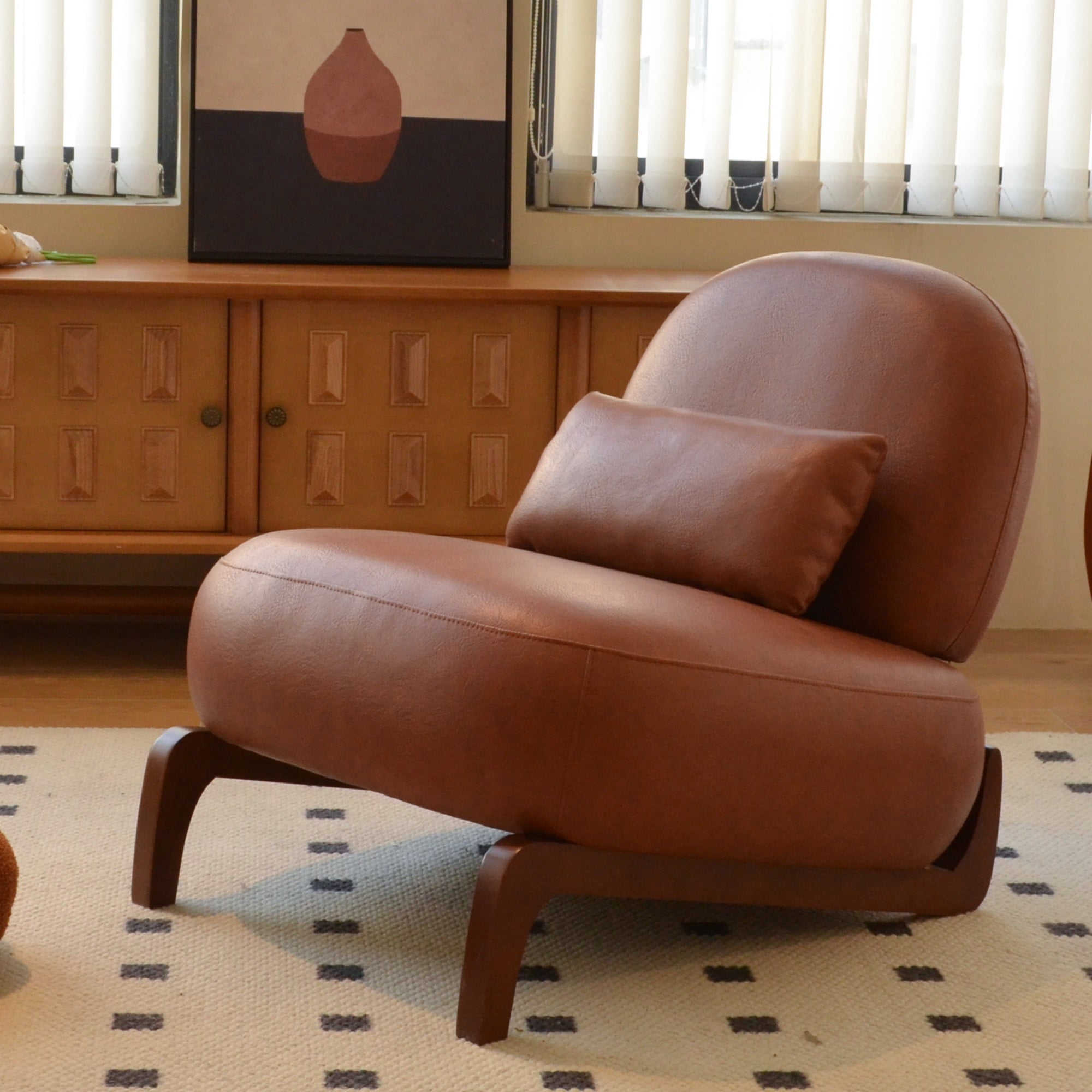 BSHTI 28.4" Faux Leather Upholstered Accent Chair with Pillow, Comfy Armless Design, Wood Legs for Living Room(Brown)