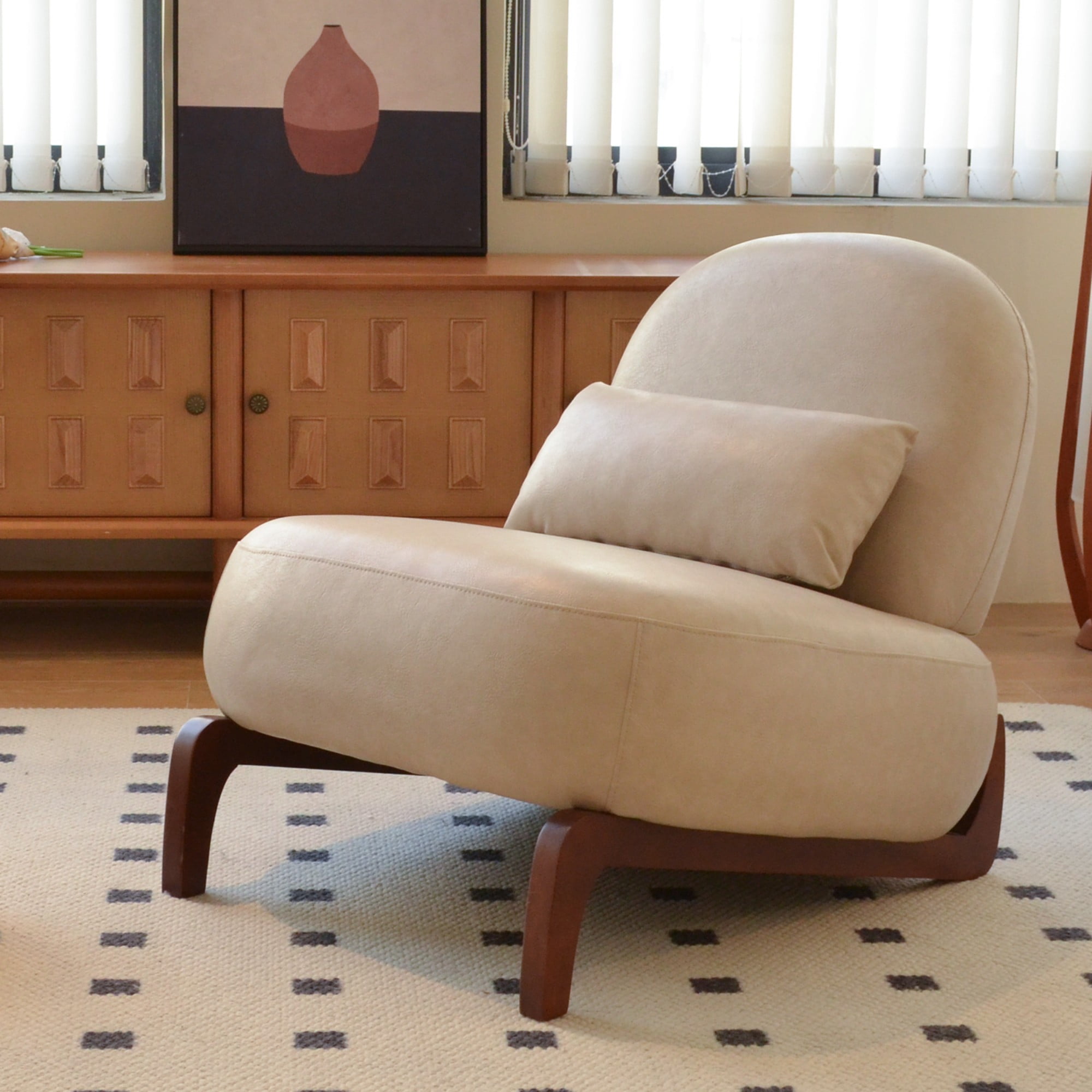 BSHTI 28.4" Faux Leather Upholstered Accent Chair with Pillow, Comfy Armless Design, Wood Legs for Living Room(Cream)