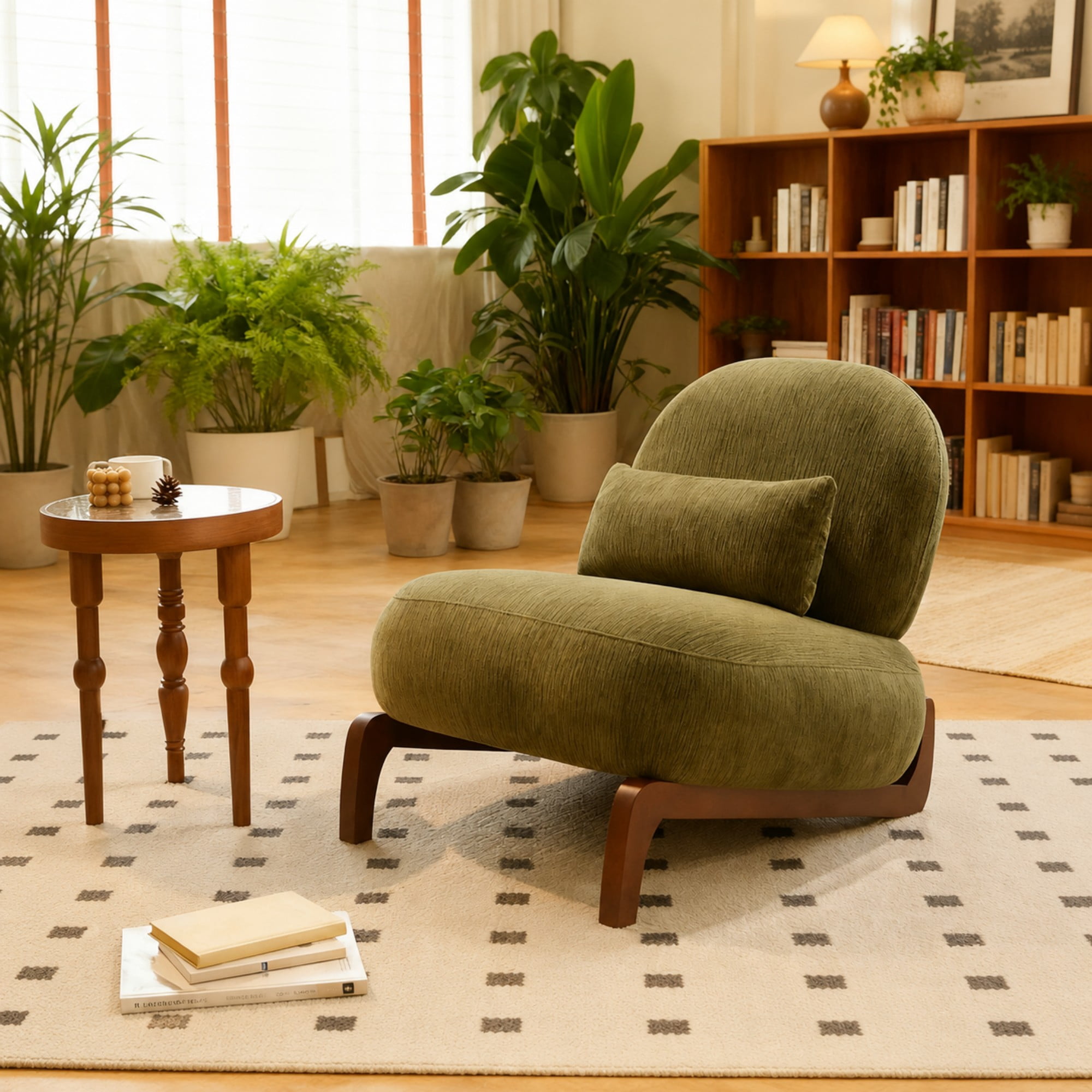 BSHTI 28.4" Velvet Upholstered Accent Chair with Pillow, Comfy Armless Design, Wood Legs for Living Room(Green)