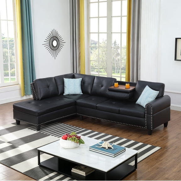 BSHTI 3-Seat Contemporary Faux Leather L-Shaped Sectional Sofa with Chaise, Pull-Down Cup Holders, Toss Pillows for Living Room(Black)