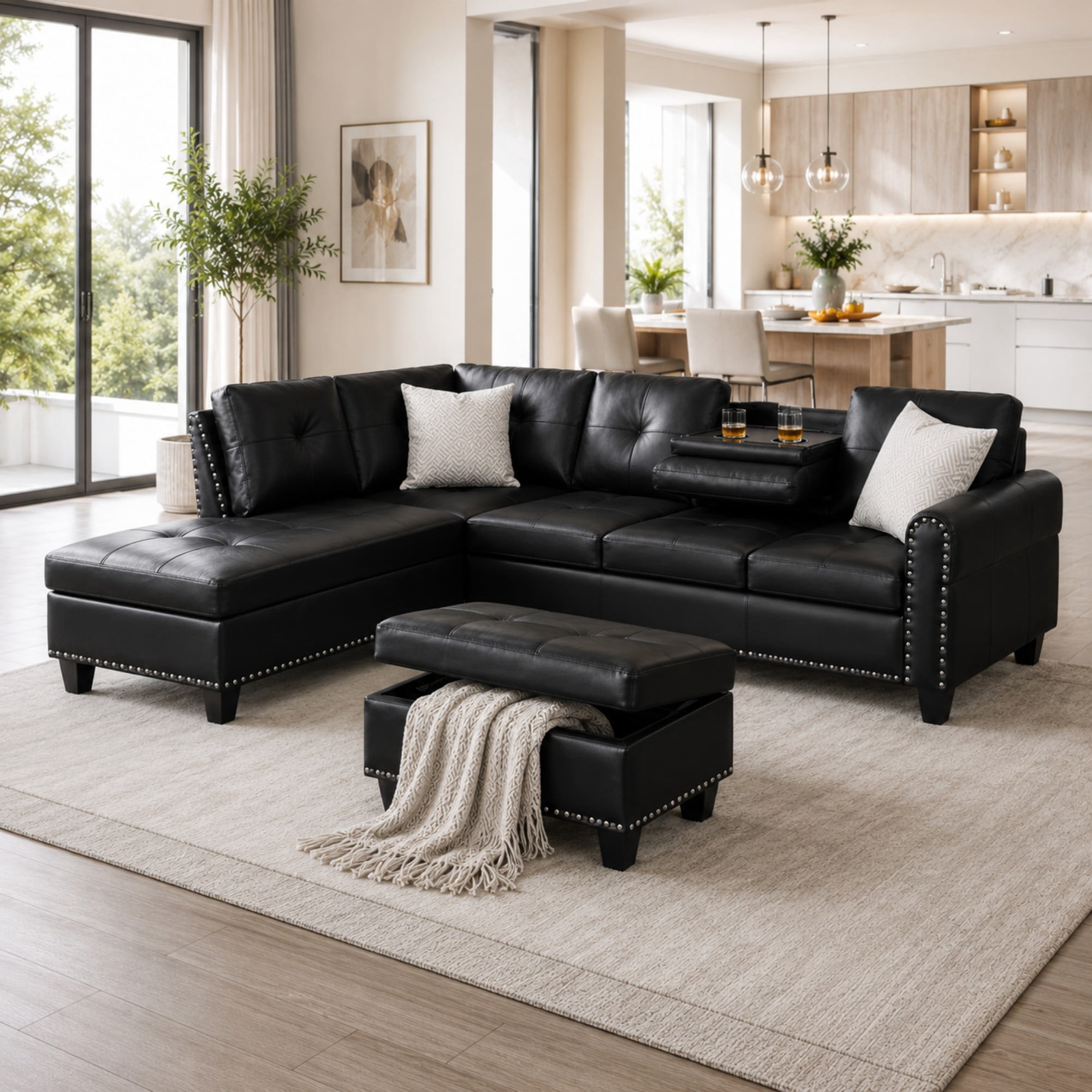 BSHTI 3-Seat Contemporary Faux Leather L-Shaped Sectional Sofa with Reversible Storage Chaise, Storage Ottoman, Cup Holders for Living Room（Black）