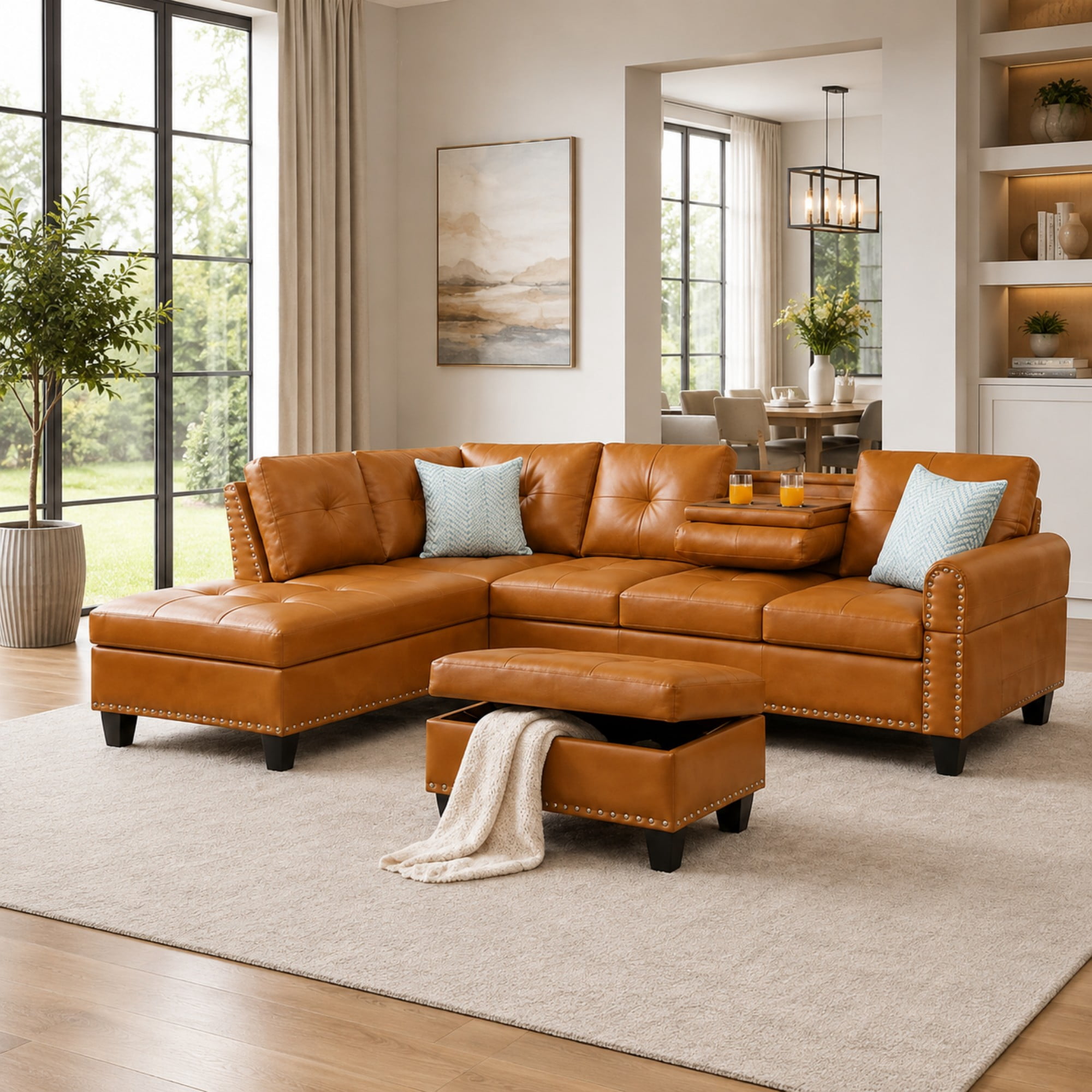 BSHTI 3-Seat Contemporary Faux Leather L-Shaped Sectional Sofa with Reversible Storage Chaise, Storage Ottoman, Cup Holders for Living Room（Ginger）