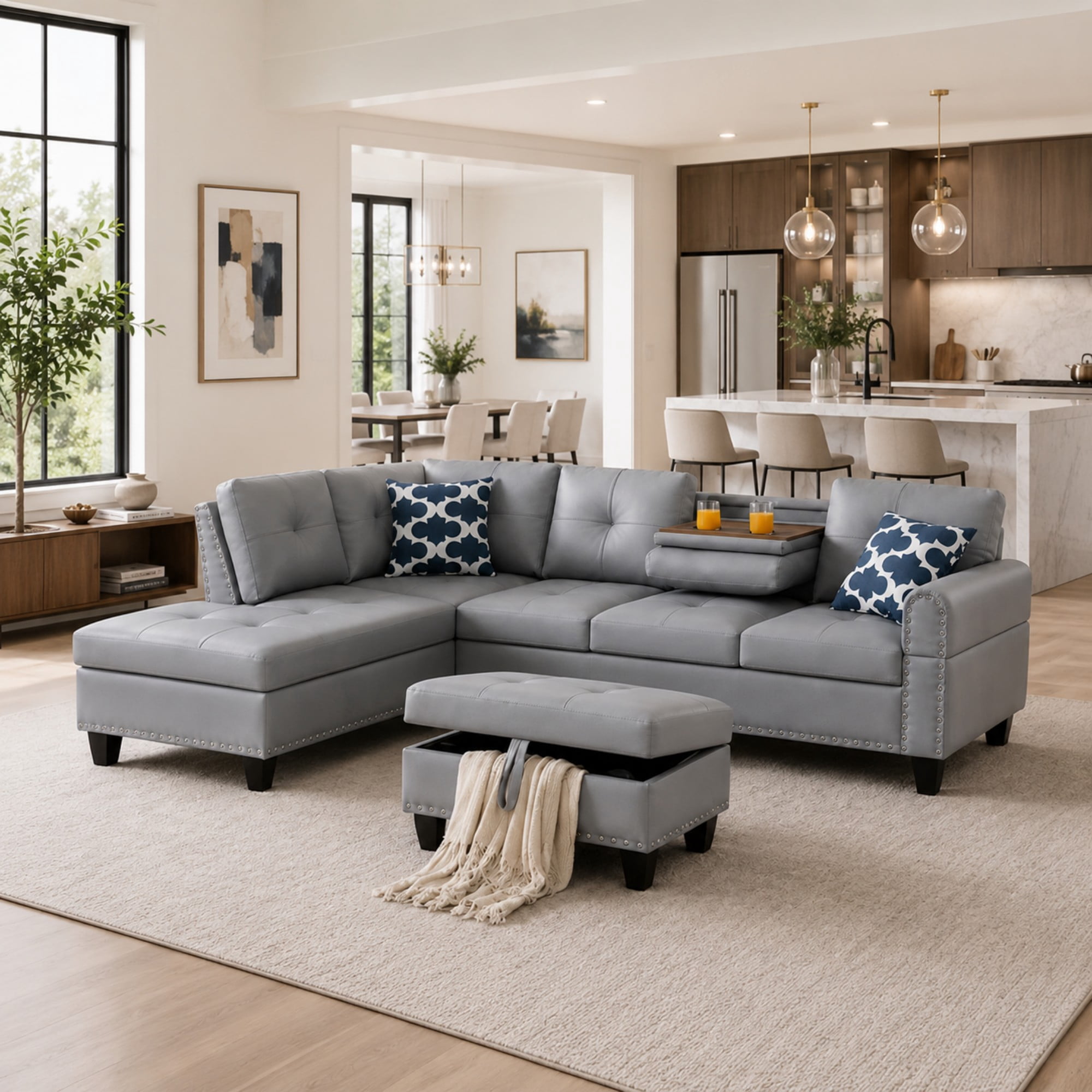 BSHTI 3-Seat Contemporary Faux Leather L-Shaped Sectional Sofa with Reversible Storage Chaise, Storage Ottoman, Cup Holders for Living Room（Grey）