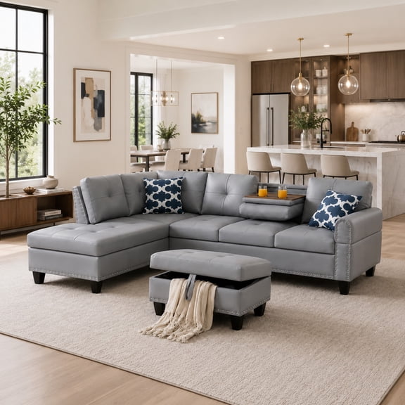 BSHTI 3-Seat Contemporary Faux Leather L-Shaped Sectional Sofa with Reversible Storage Chaise, Storage Ottoman, Cup Holders for Living Room（Grey）