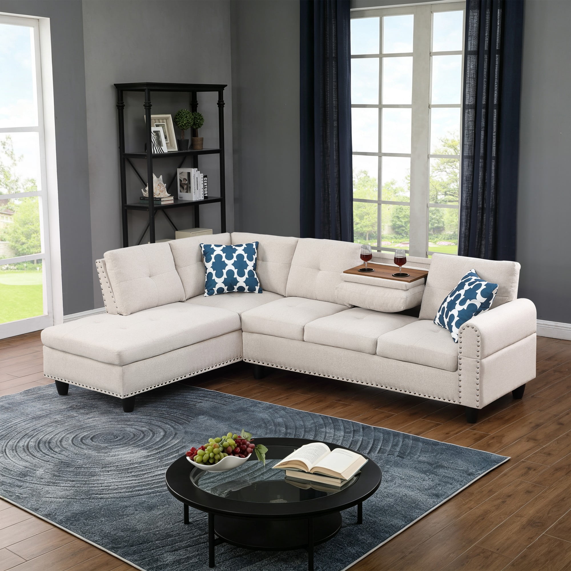 BSHTI 3-Seat Contemporary Linen L-Shaped Sectional Sofa with Chaise, Pull-Down Cup Holders, Toss Pillows for Living Room（Beige）