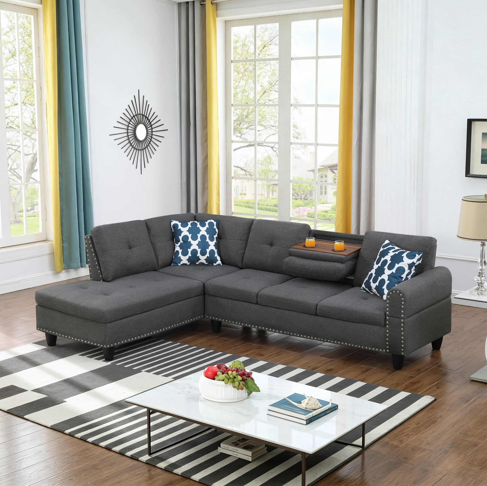 BSHTI 3-Seat Contemporary Linen L-Shaped Sectional Sofa with Chaise, Pull-Down Cup Holders, Toss Pillows for Living Room（Dark Gray）
