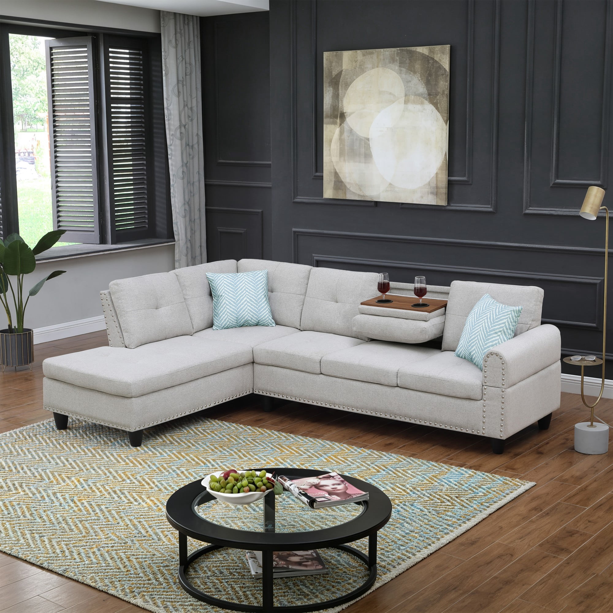 BSHTI 3-Seat Contemporary Linen L-Shaped Sectional Sofa with Chaise, Pull-Down Cup Holders, Toss Pillows for Living Room（Light Gray）