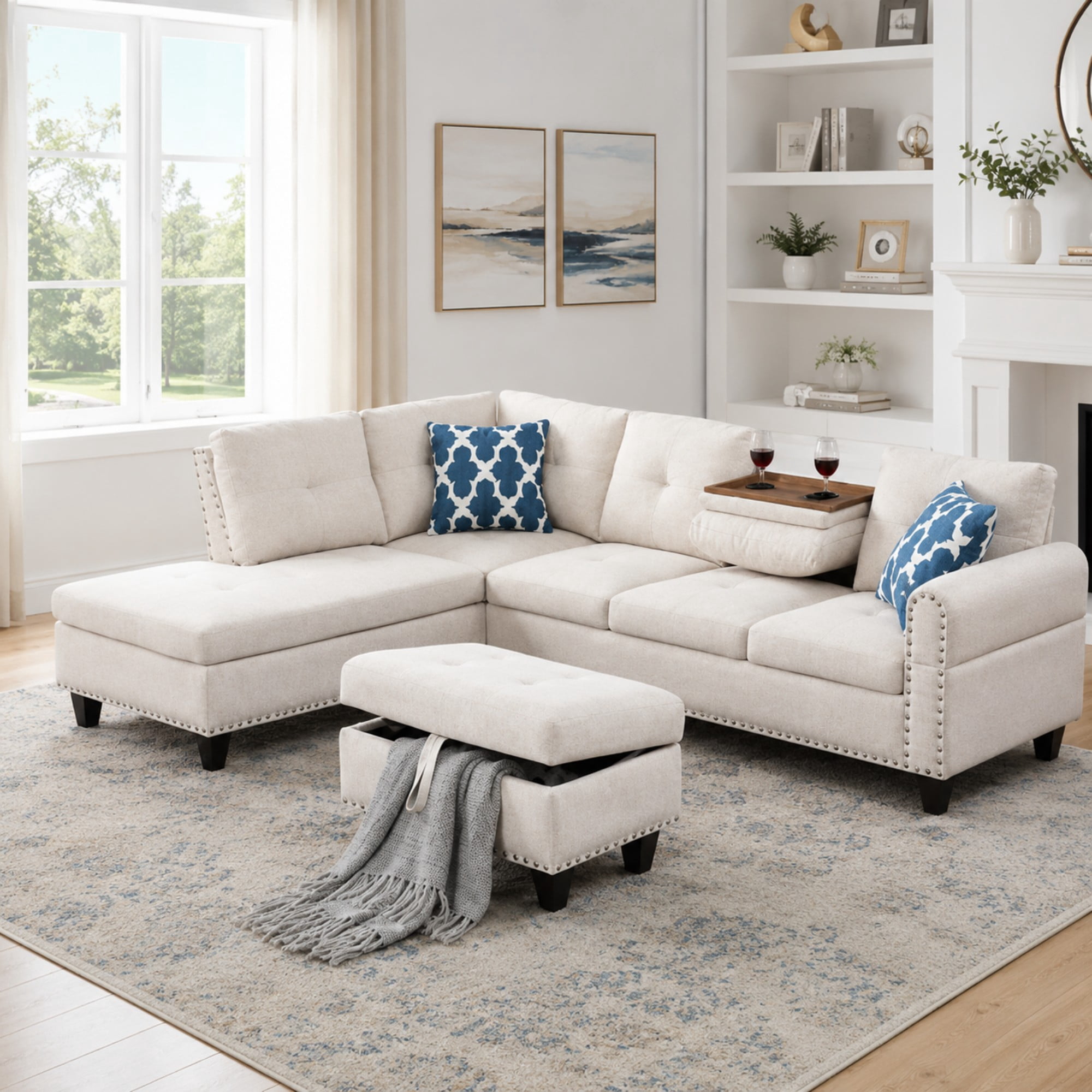 BSHTI 3-Seat Contemporary Linen L-Shaped Sectional Sofa with Reversible Storage Chaise, Storage Ottoman, Cup Holders for Living Room（Beige）
