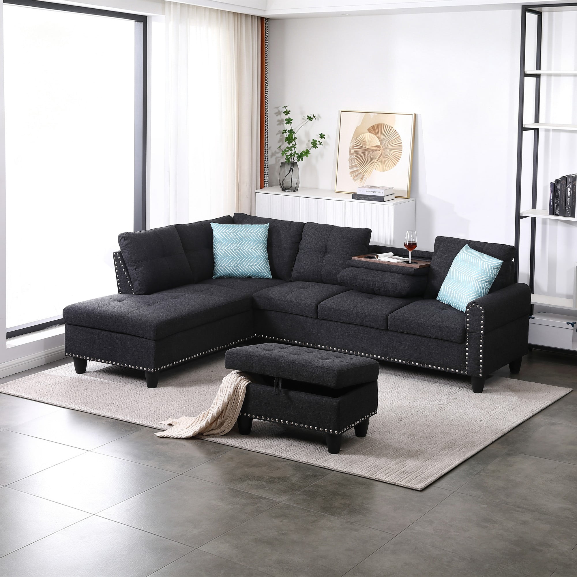BSHTI 3-Seat Contemporary Linen L-Shaped Sectional Sofa with Reversible Storage Chaise, Storage Ottoman, Cup Holders for Living Room（Charcoal Gray）