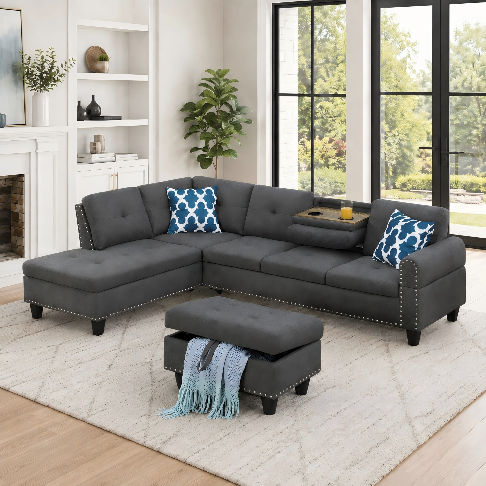 BSHTI 3-Seat Contemporary Linen L-Shaped Sectional Sofa with Reversible Storage Chaise, Storage Ottoman, Cup Holders for Living Room（Dark Gray）