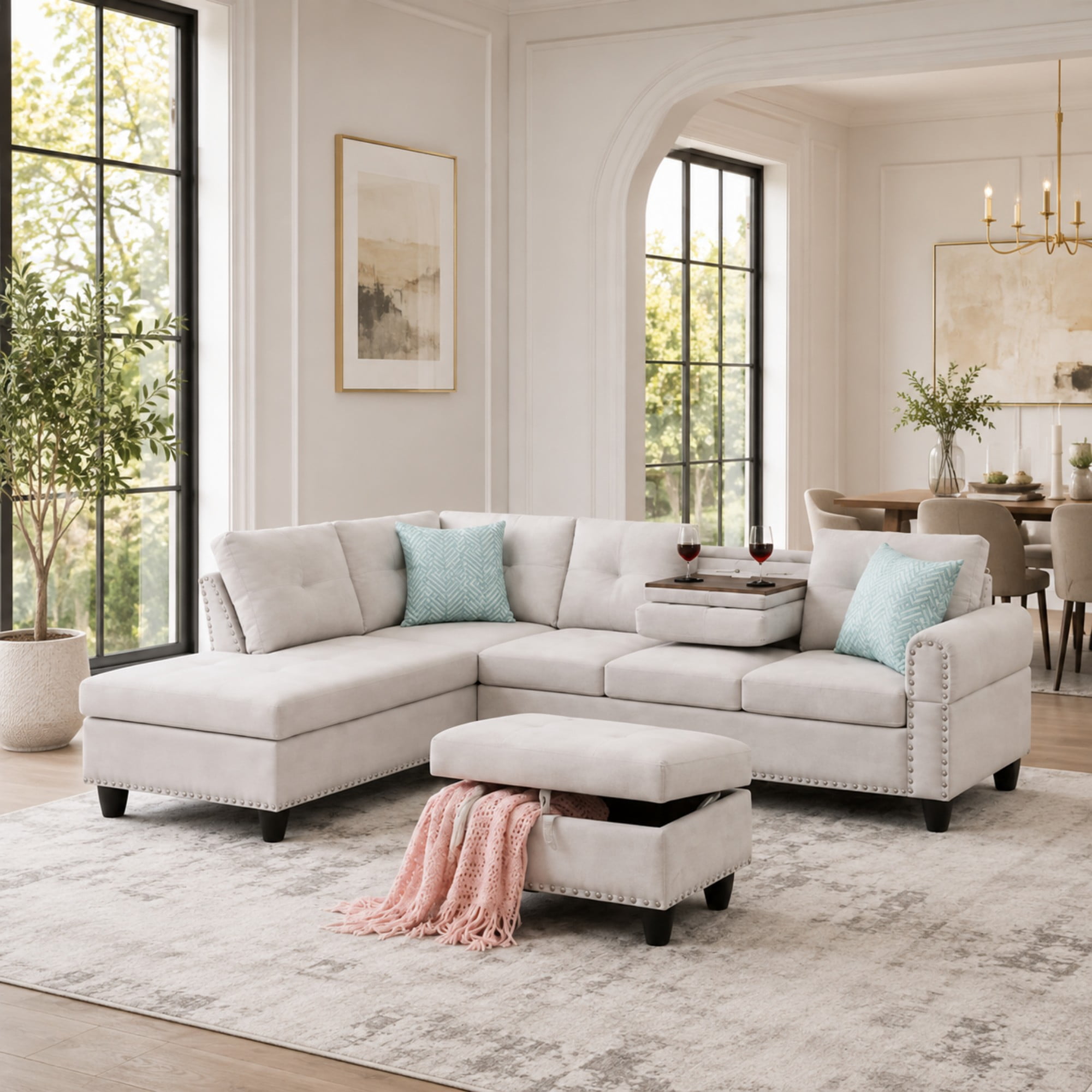 BSHTI 3-Seat Contemporary Linen L-Shaped Sectional Sofa with Reversible Storage Chaise, Storage Ottoman, Cup Holders for Living Room（Light Gray）