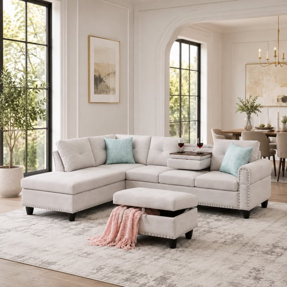 BSHTI 3-Seat Contemporary Linen L-Shaped Sectional Sofa with Reversible Storage Chaise, Storage Ottoman, Cup Holders for Living Room(Light Gray)