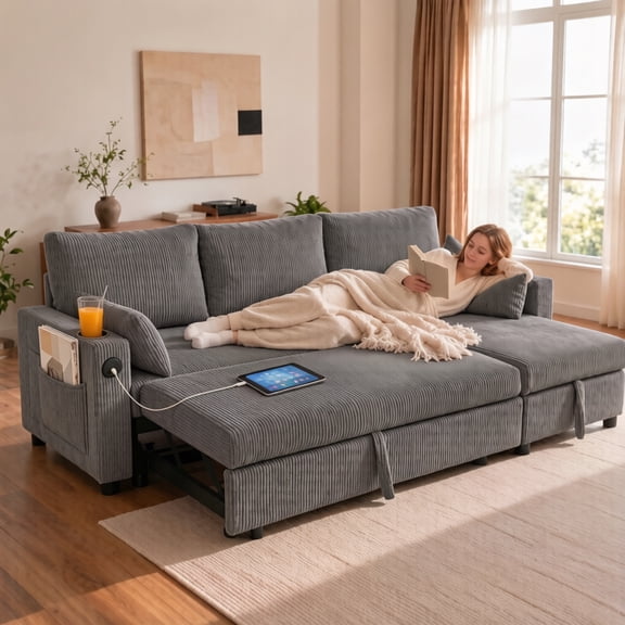 BSHTI 3-Seat Corduroy L-Shaped Pull-Out Sleeper Sofa Bed with Storage Chaise, Cup Holders and USB Ports, Solid Wood Iron Frame for Living Room Apartment(Grey)