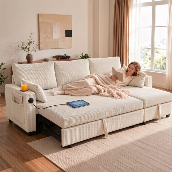 BSHTI 3-Seat Corduroy L-Shaped Pull-Out Sleeper Sofa Bed with Storage Chaise, Cup Holders and USB Ports, Solid Wood Iron Frame for Living Room Apartment(White)