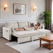 BSHTI 3-Seat Corduroy L-Shaped Pull-Out Sleeper Sofa Bed with Storage Chaise, Solid Wood Iron Frame for Living Room ApartmentBeige