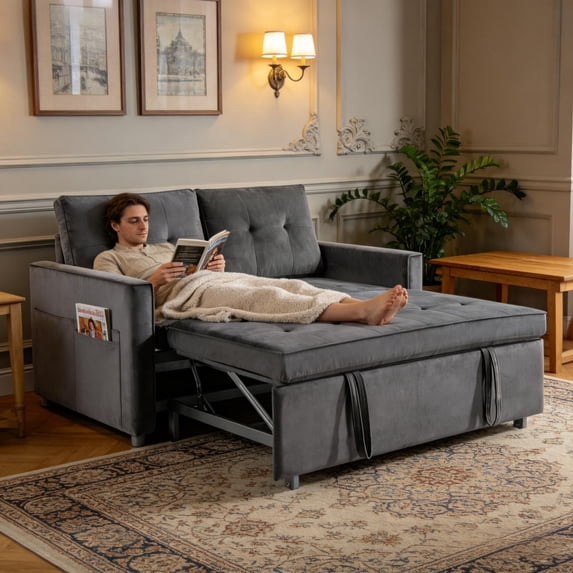 BSHTI 3-in-1 Convertible Sleeper Sofa Bed – Modern Pull-Out Loveseat with Adjustable Backrest, Velvet Upholstery, Side Storage Pockets, for Apartments & Small Spaces, Dark Gray