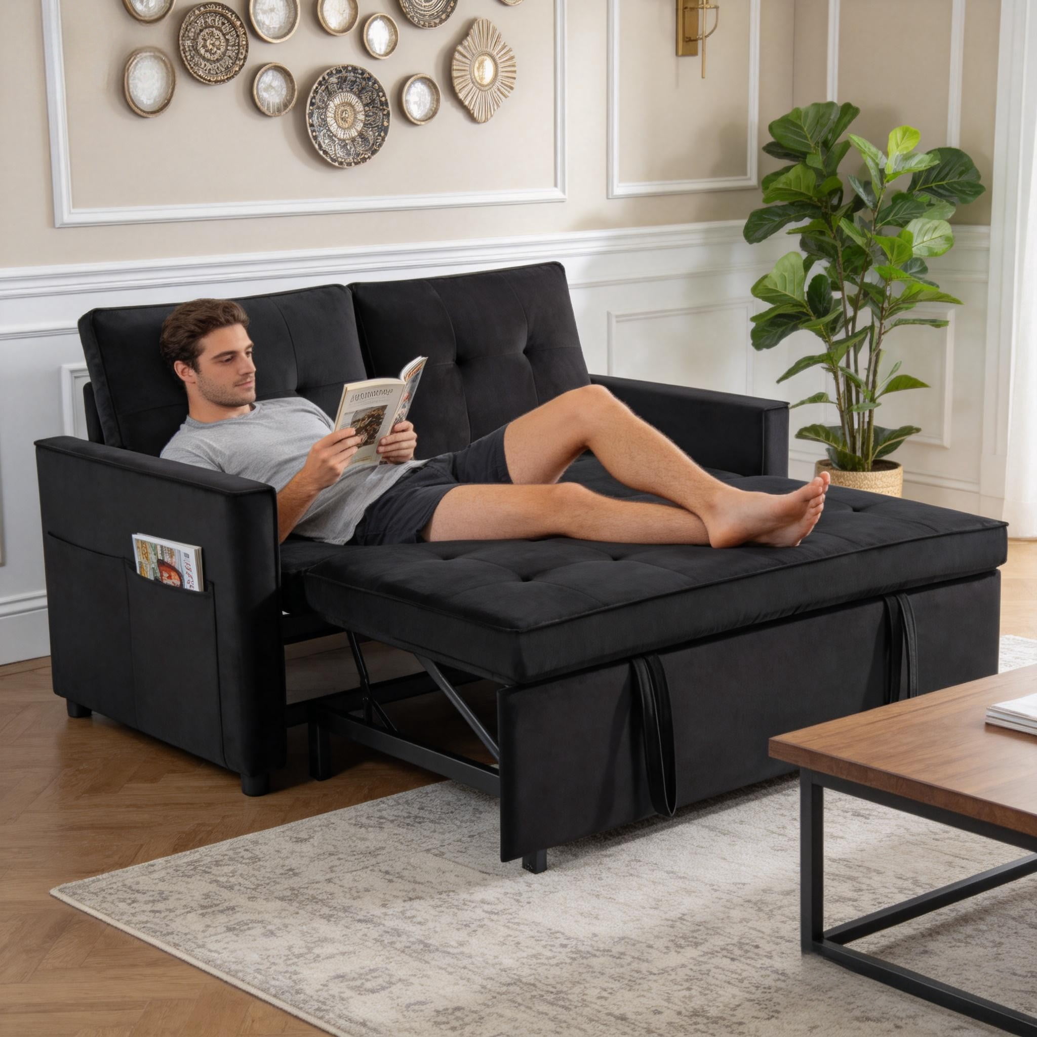 BSHTI 3-in-1 Convertible Sleeper Sofa Bed – Modern Pull-Out Loveseat with Adjustable Backrest, Velvet Upholstery, Side Storage Pockets, for Apartments & Small Spaces, Black