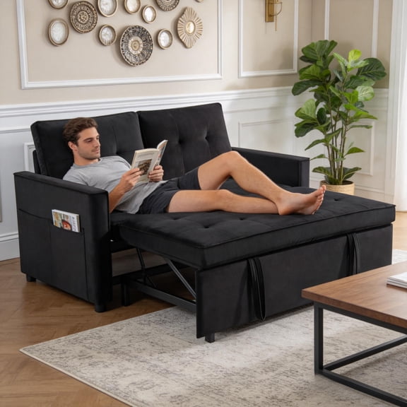 BSHTI 3-in-1 Convertible Sleeper Sofa Bed – Modern Pull-Out Loveseat with Adjustable Backrest, Velvet Upholstery, Side Storage Pockets, for Apartments & Small Spaces, Black