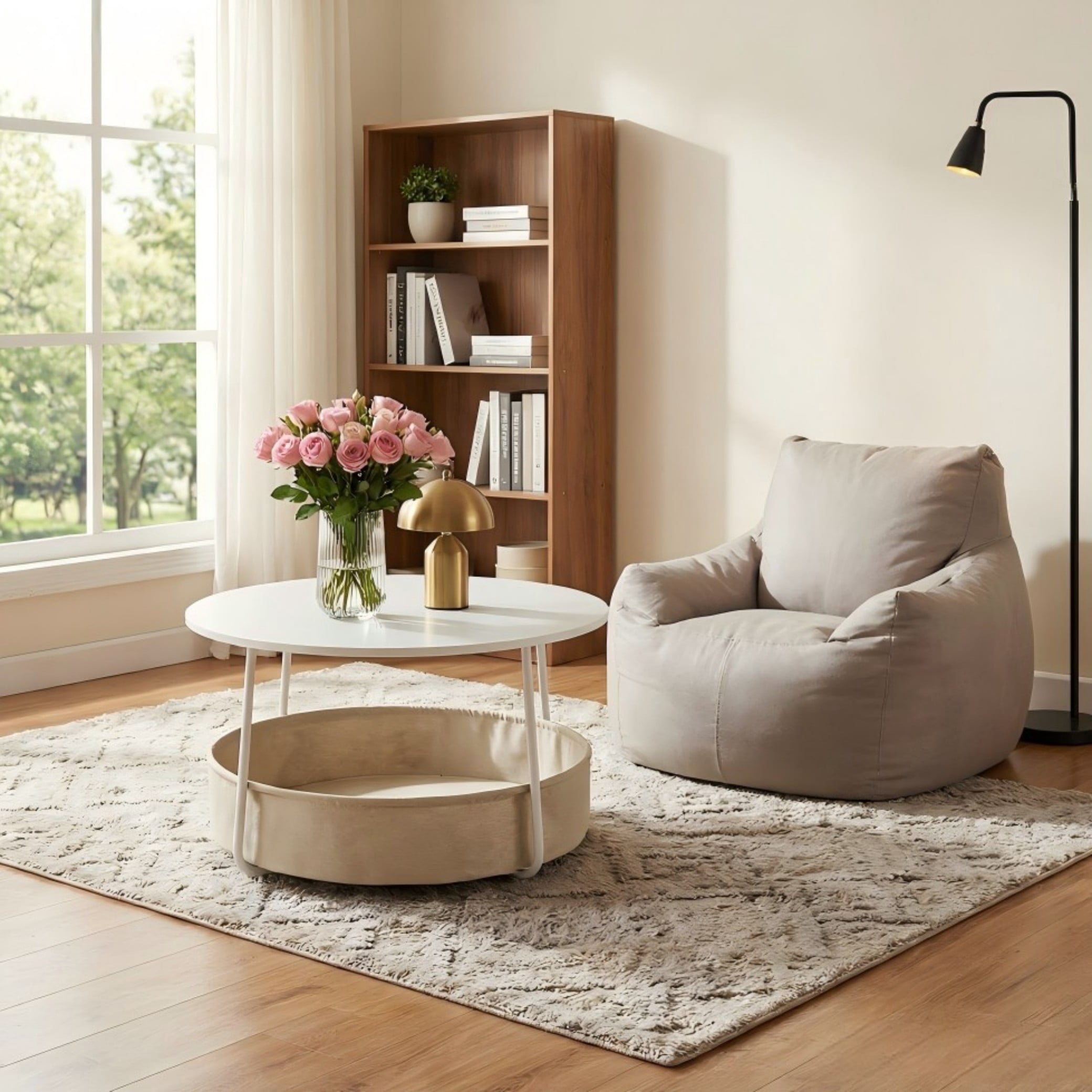 BSHTI 30" Round Coffee Table with Fabric Storage Basket – Space-Saving End Table for Living Room, Bedside Nightstand, Matte White & Beige