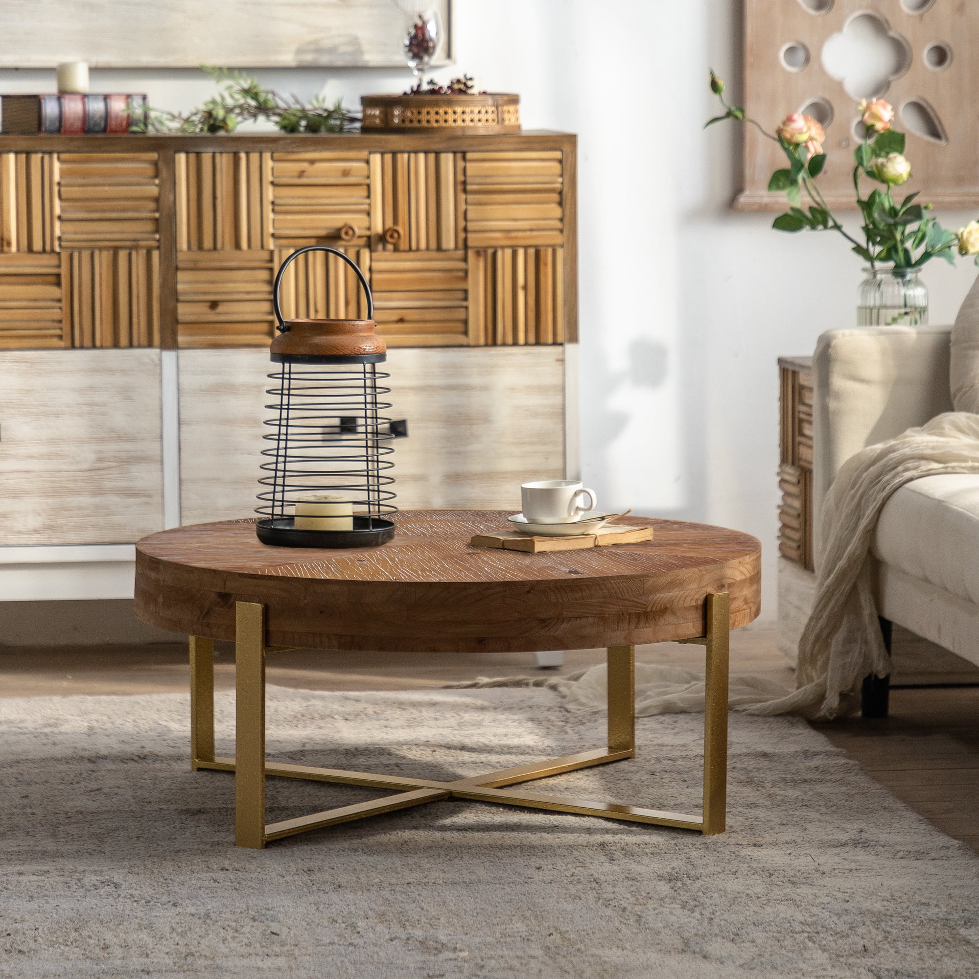 BSHTI 31.29" Metal Wood Round Coffee Table with Retro Splicing Top, Cross Metal Frame, Rustic Style for Living Room(Gold)