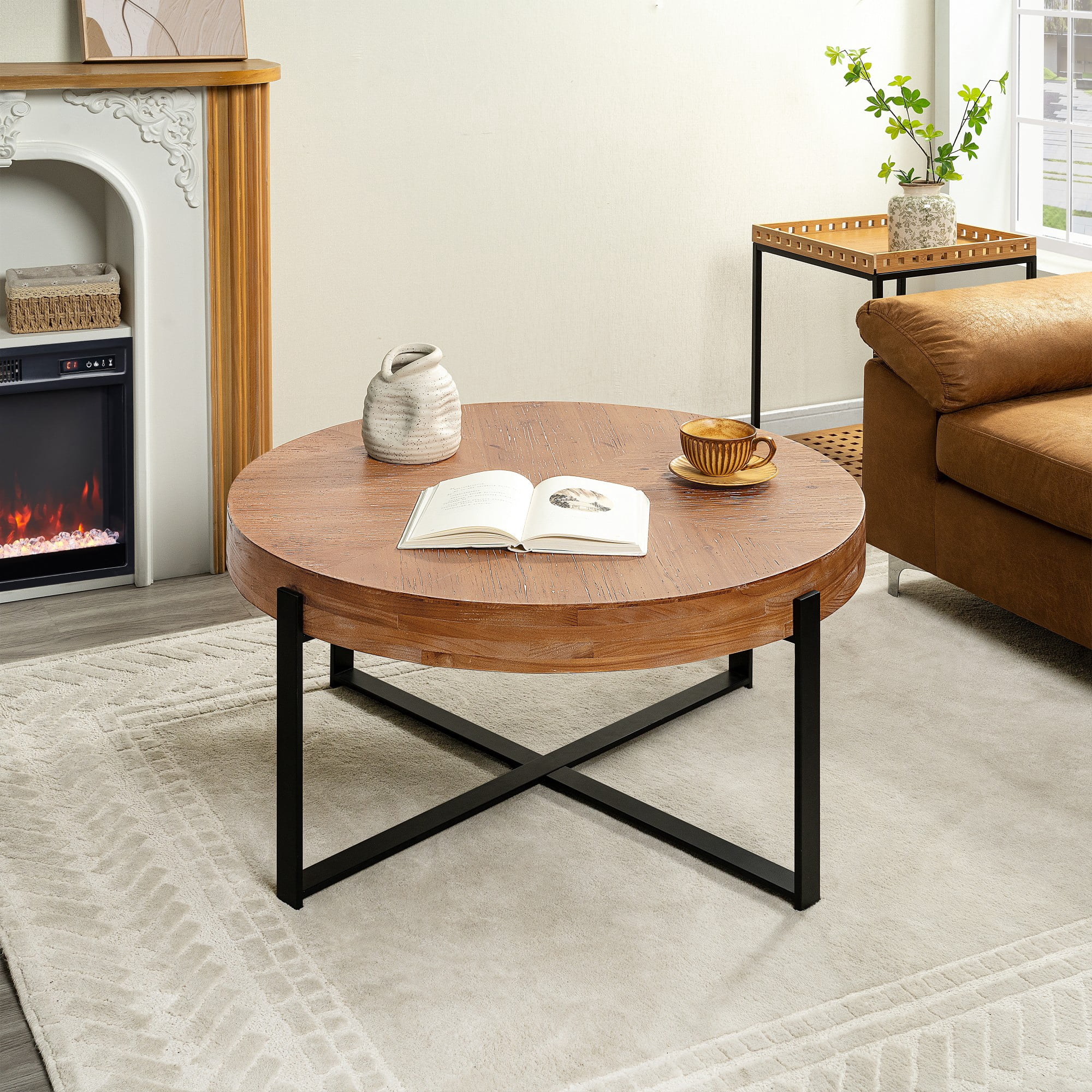 BSHTI 31.29" Metal Wood Round Coffee Table with Retro Splicing Top, Cross Metal Frame, Rustic Style for Living Room(Natural+Black)
