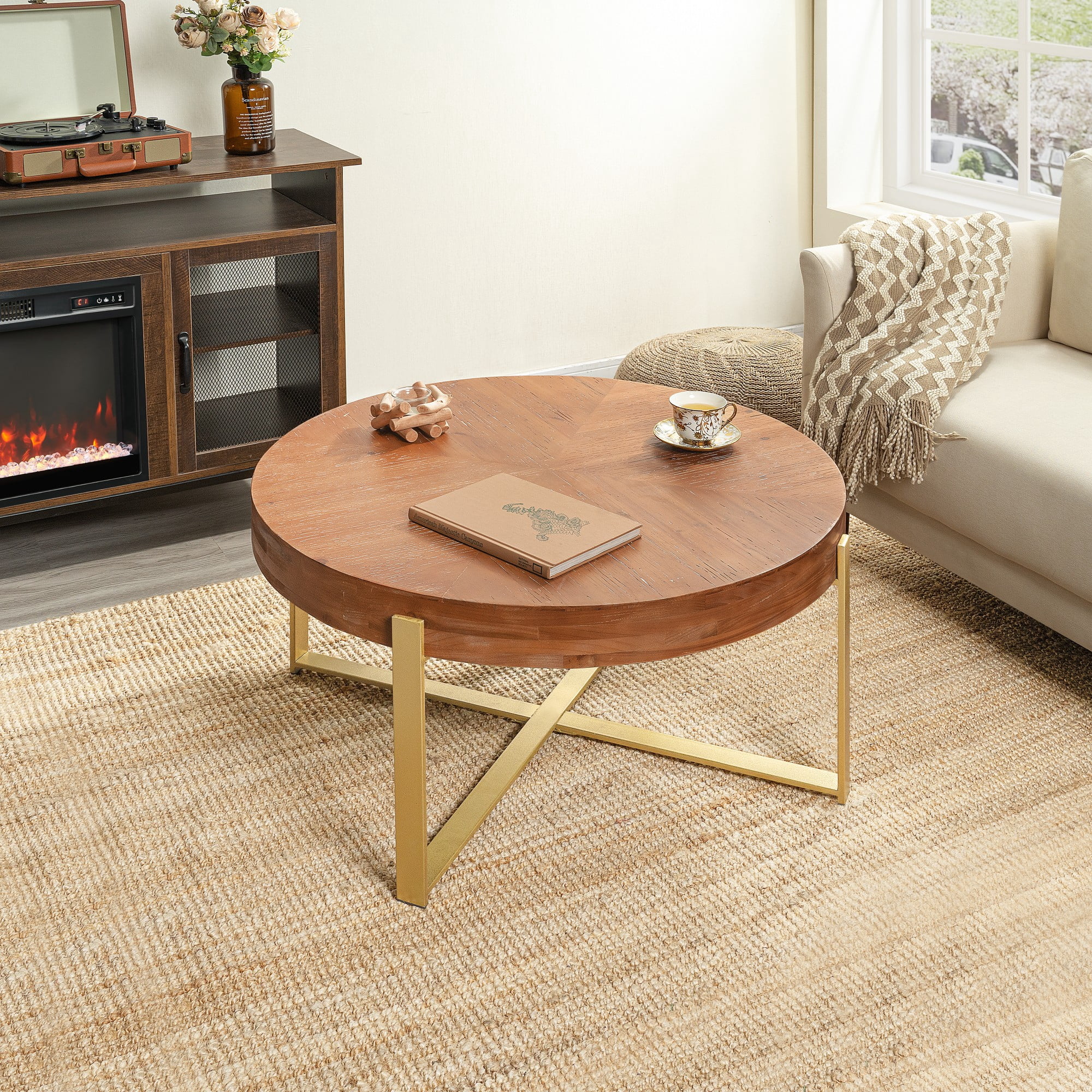 BSHTI 31.29" Metal Wood Round Coffee Table with Retro Splicing Top, Cross Metal Frame, Rustic Style for Living Room(Natural+Gold)
