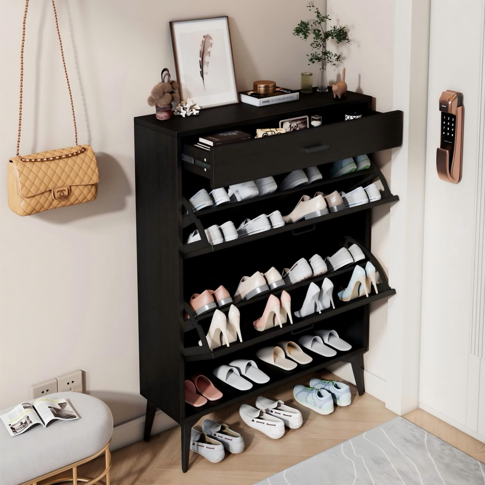 BSHTI 31.49”Shoe Storage Cabinet,with 2 Flip Drawers,Ajustable Shoe Rack Storage Area,Back with Ventitation Design,Ideal for Small Apartments or Small Spaces,Black