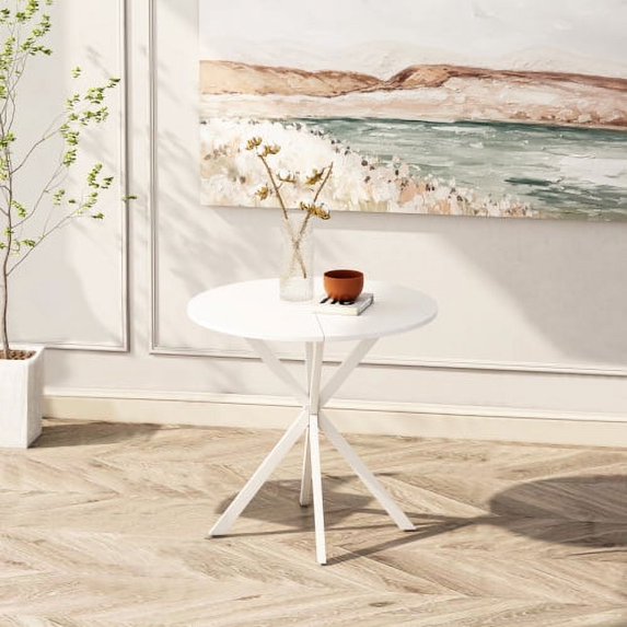BSHTI 31.5" Modern Round Dining Table with Crossed Legs,White Occasional Table, Two Piece Detachable Table Top, Matte Finish Iron Legs