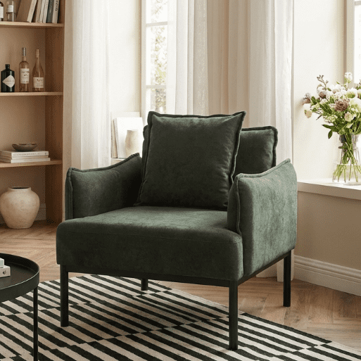 BSHTI 32.48" Modern Accent Chair with Curved Armrest, Upholstered Living Room Chair with Pillow, Solid Wood Frame & Metal Base, Non-Slip, Easy Assembly, Green
