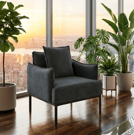 BSHTI 32.48" Modern Accent Chair with Curved Armrest, Upholstered Living Room Chair with Pillow, Solid Wood Frame & Metal Base, Non-Slip, Easy Assembly, Dark Grey