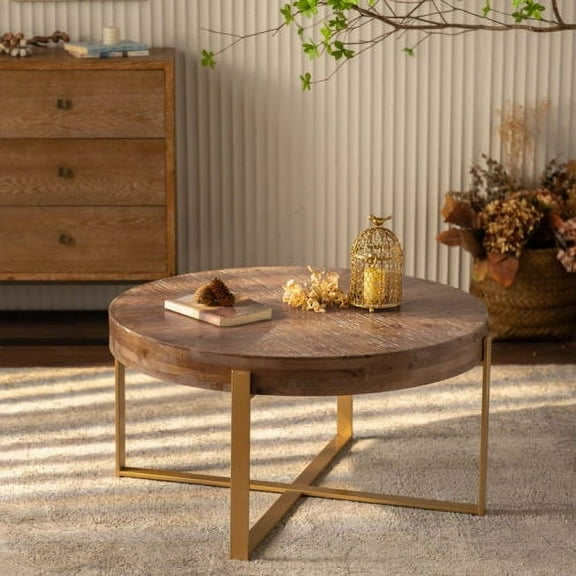 BSHTI 33.86"Modern Retro Splicing Round Coffee Table,Fir Wood Table Top with Gold Cross Legs Base