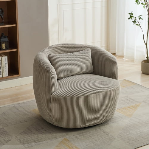 BSHTI 34.25" Wide Upholstered Corduroy 360°Swivel Barrel Soft Accent Chair with Pillow,Circular Reading Armchair for Living Room,Bedroom,Office,Lounge,Light Gray