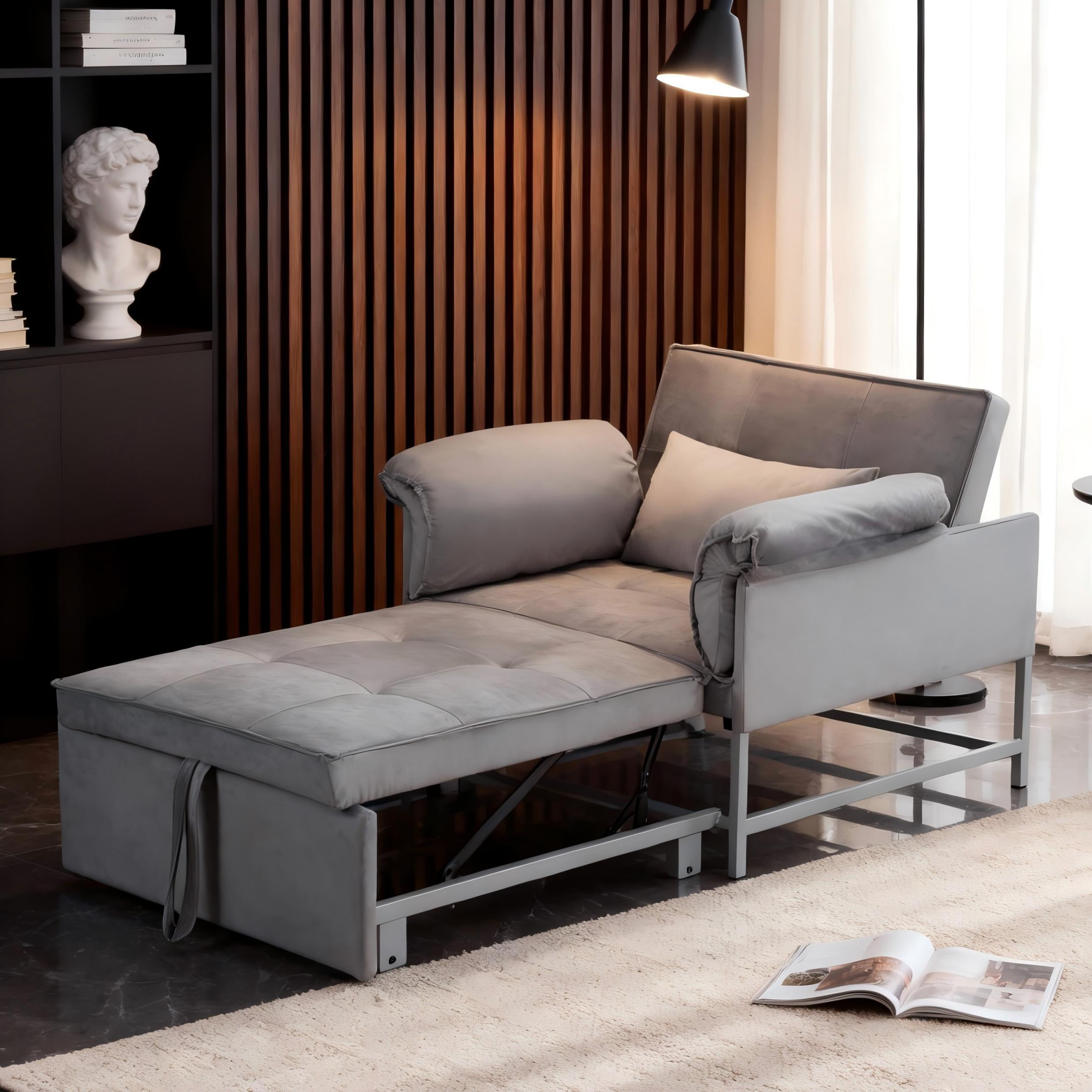 BSHTI 34.3" Convertible Fold Out Sleeper Chair, Sturdy Metal Frame, Velvet Upholstery, 3 Adjustable Angles Reclining Function Sofa Bed, Easy Assembly (Gray)