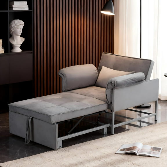 BSHTI 34.3" Convertible Fold Out Sleeper Chair, Sturdy Metal Frame, Velvet Upholstery, 3 Adjustable Angles Reclining Function Sofa Bed, Easy Assembly (Gray)