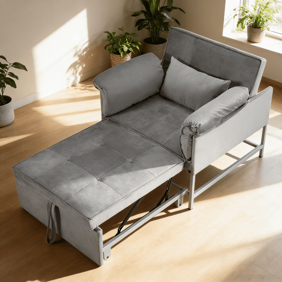 BSHTI 34.3" Convertible Pull-Out Sleeper Chair, Twin-Size Bed with Velvet Upholstery, 3-Position Adjustable Backrest, Metal Frame for Small Space & Guest Room, Gray