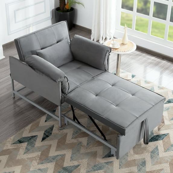 BSHTI 34.3” Convertible Pull-out Sleeper Chair,Metal Frame,Reclined at 3 Angles Backrest,Movable Arm Cushion,Perfect for Small Spaces,Gray Velvet