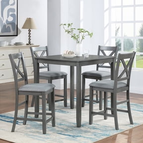 BSHTI 34.5" Acacia Wood 5-Piece Counter Height Dining Table Set with Fabric Upholstered X-Back Chairs for Kitchen Dining Room(Gray)