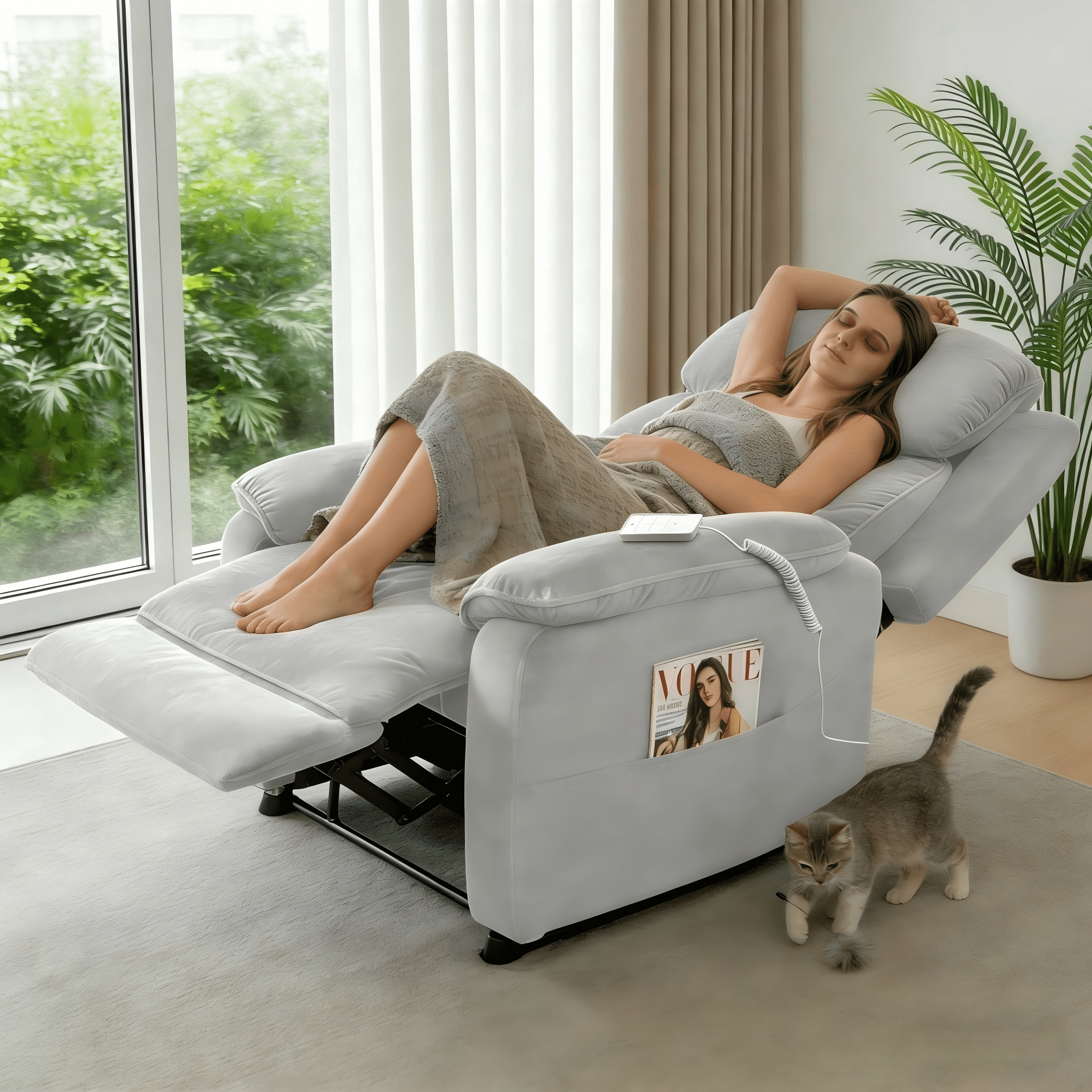 BSHTI 34.84" Power Recliner Chair with Remote – Chenille Upholstery, Ergonomic Lounge Chair for Living Room, Adjustable Recliner for Small Spaces and Home Theater, Light Grey