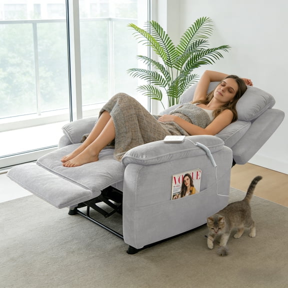 BSHTI 34.84" Power Recliner Chair with Remote, Chenille Upholstery, Solid Wood Frame, Side Storage Pockets, and Near-Flat Recline, Light Grey