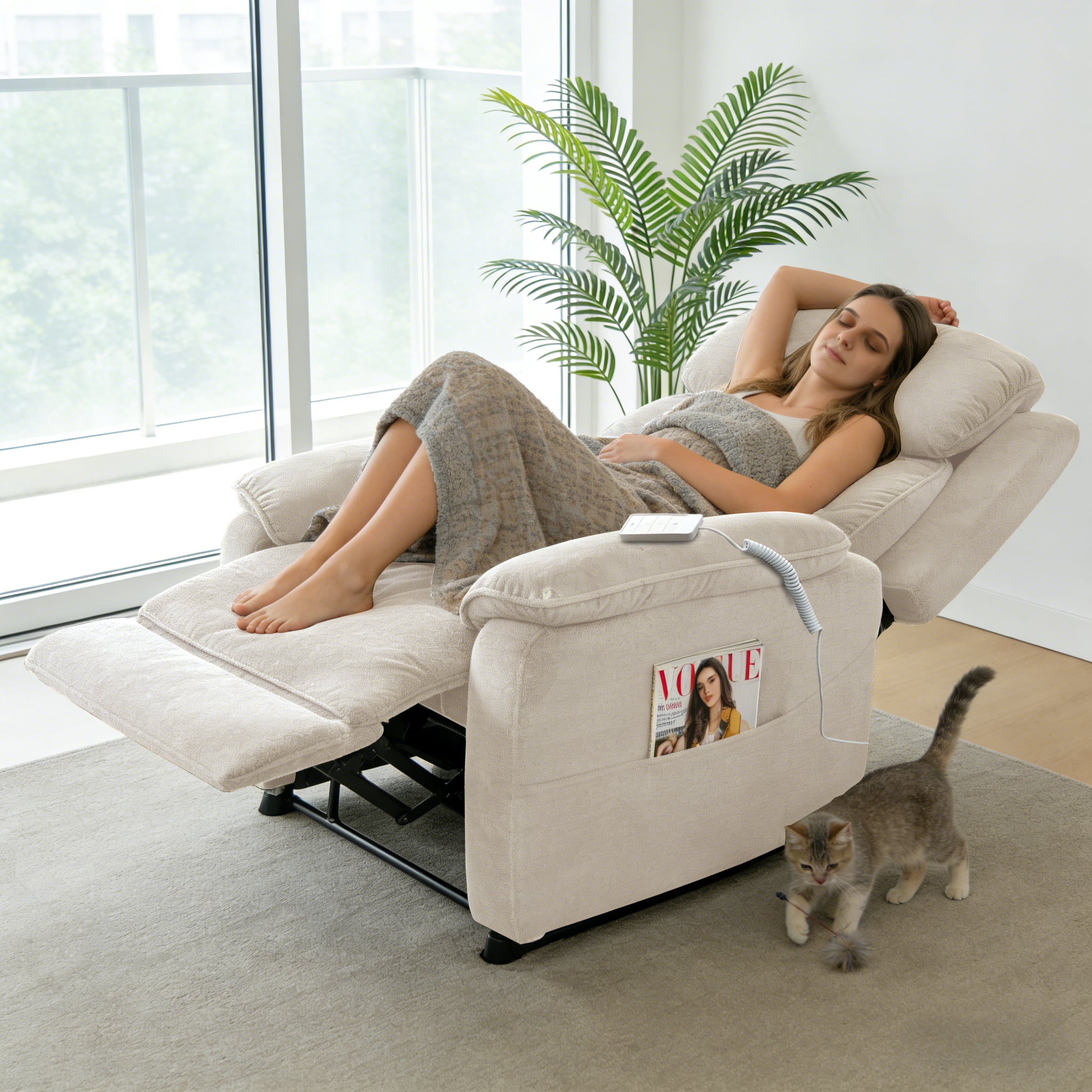 BSHTI 34.84" Power Recliner Chair with Remote, Chenille Upholstery, Ergonomic Lounge Chair for Living Room, Side Storage Pockets, and Near-Flat Recline, Light Khaki