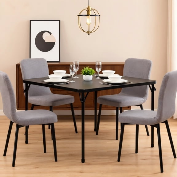 BSHTI 34" Square Folding Table – No Assembly Portable Card Table, PVC Top with Metal Frame, Indoor Outdoor Use for Dining Room, Living Room, Office & Camping, Black