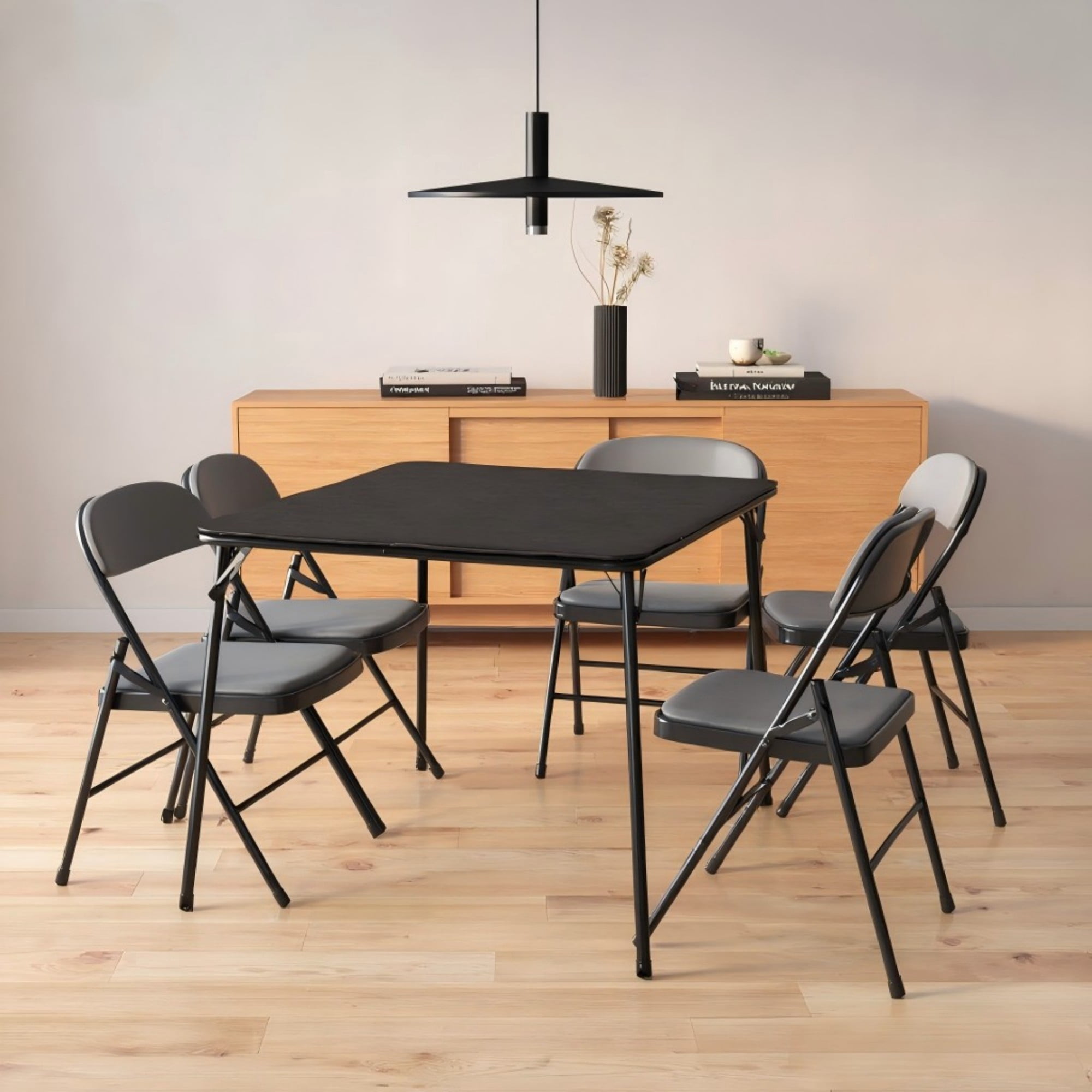 BSHTI 34" Square Folding Table – No Assembly Portable Card Table, PVC Top with Metal Frame, Indoor Outdoor Use for Dining Room, Living Room, Office & Camping, Black