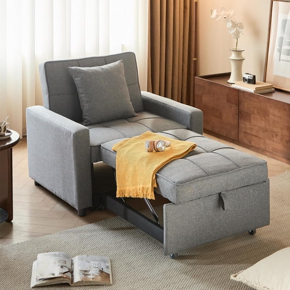 BSHTI 35.6" Cotton Linen Fabric Convertible Sleeper Chair Bed with 3-Level Adjustable Backrest, Pull-Out Design, 1 Pillow for Living Room(Light Gray)